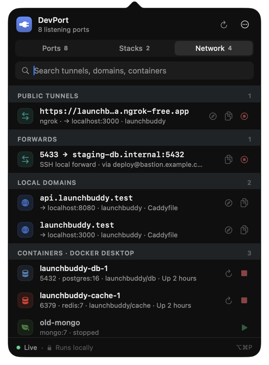 The Network tab listing a public ngrok tunnel, an SSH forward, local domains and Docker containers.