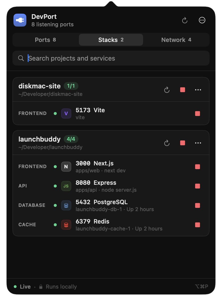 The Stacks tab showing two projects with their frontend, API, database and cache services.