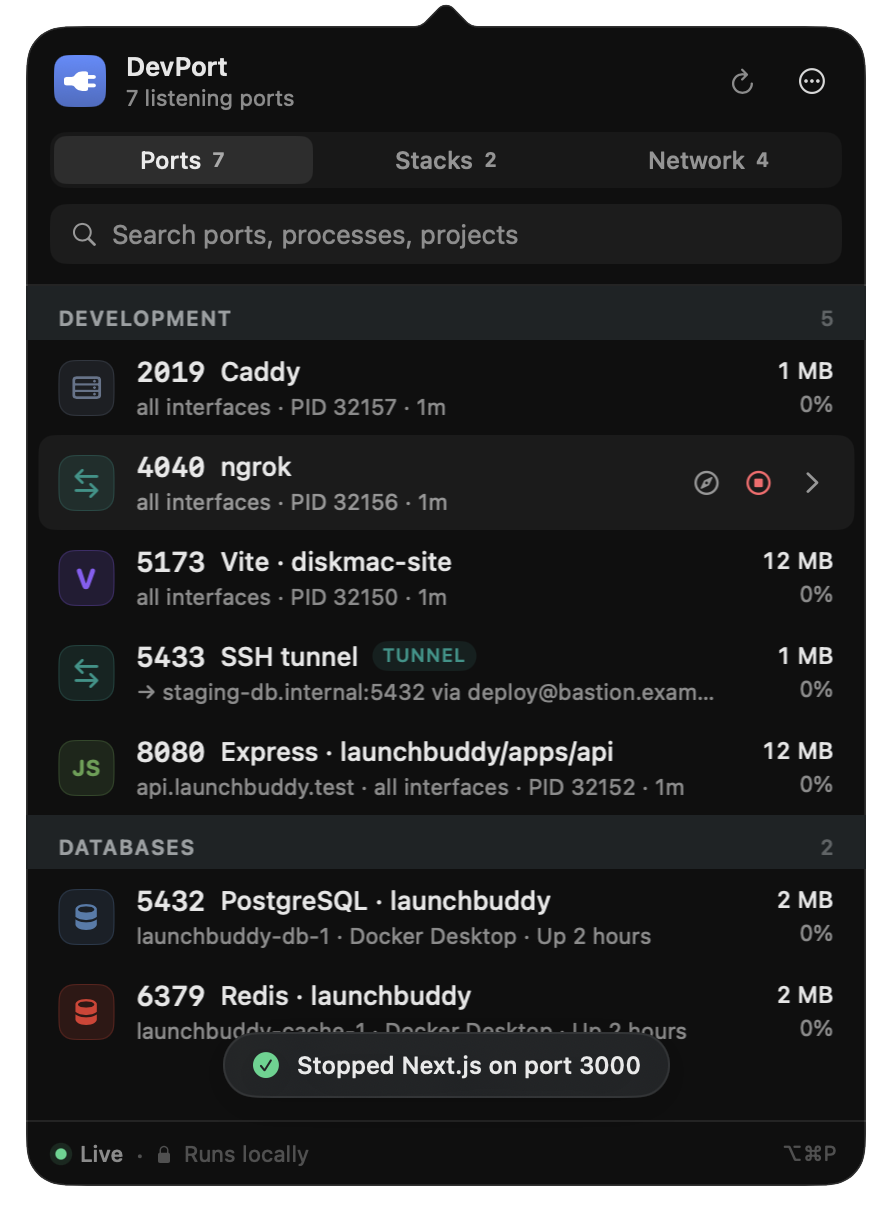 DevPort confirming that a server was stopped and its port is free.